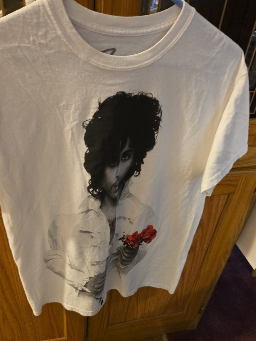 White Graphic Tee with Black Portrait and Red Rose